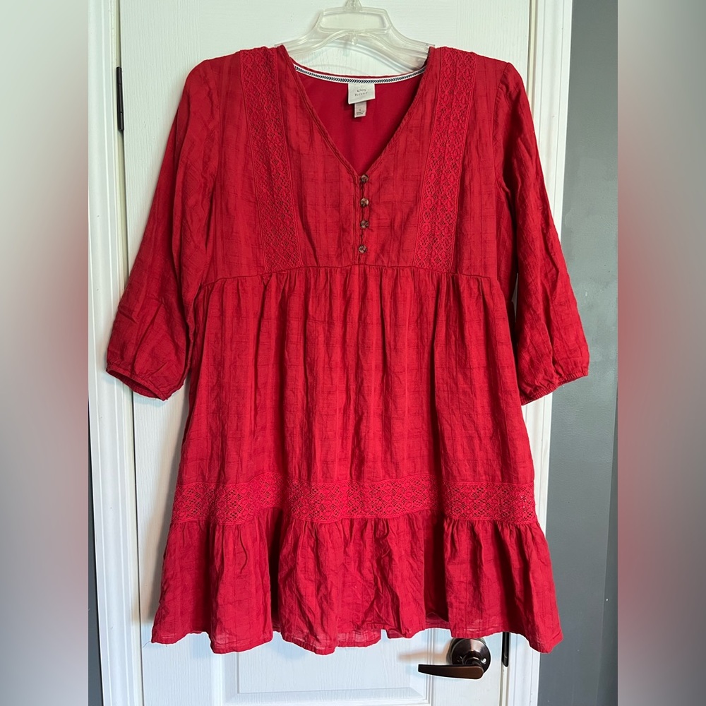 Knox Rose Vibrant Red Cotton Boho Dress Women’s Sz L Crochet Trim Ruffle Hem